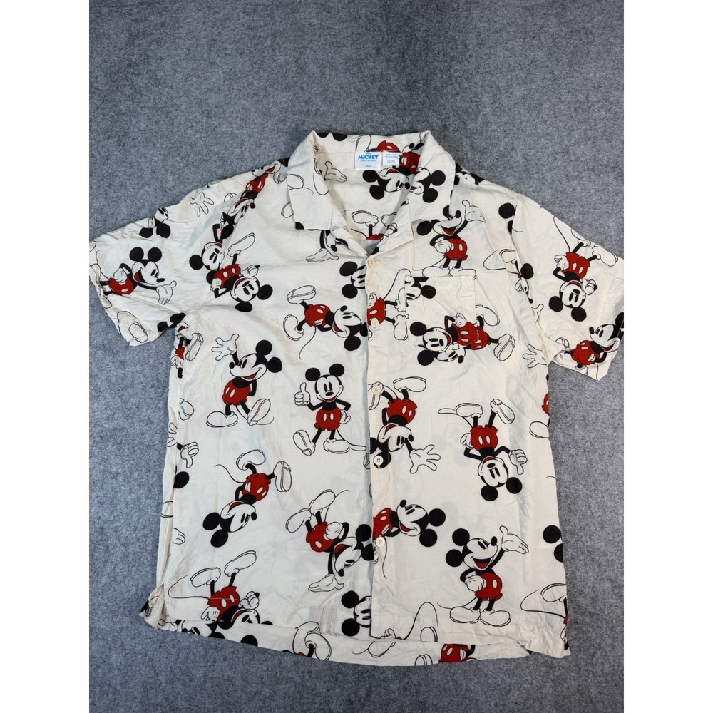 Disney Mickey Mouse Shirt Mens L MAD Engine Rayon All Over Print Button Up